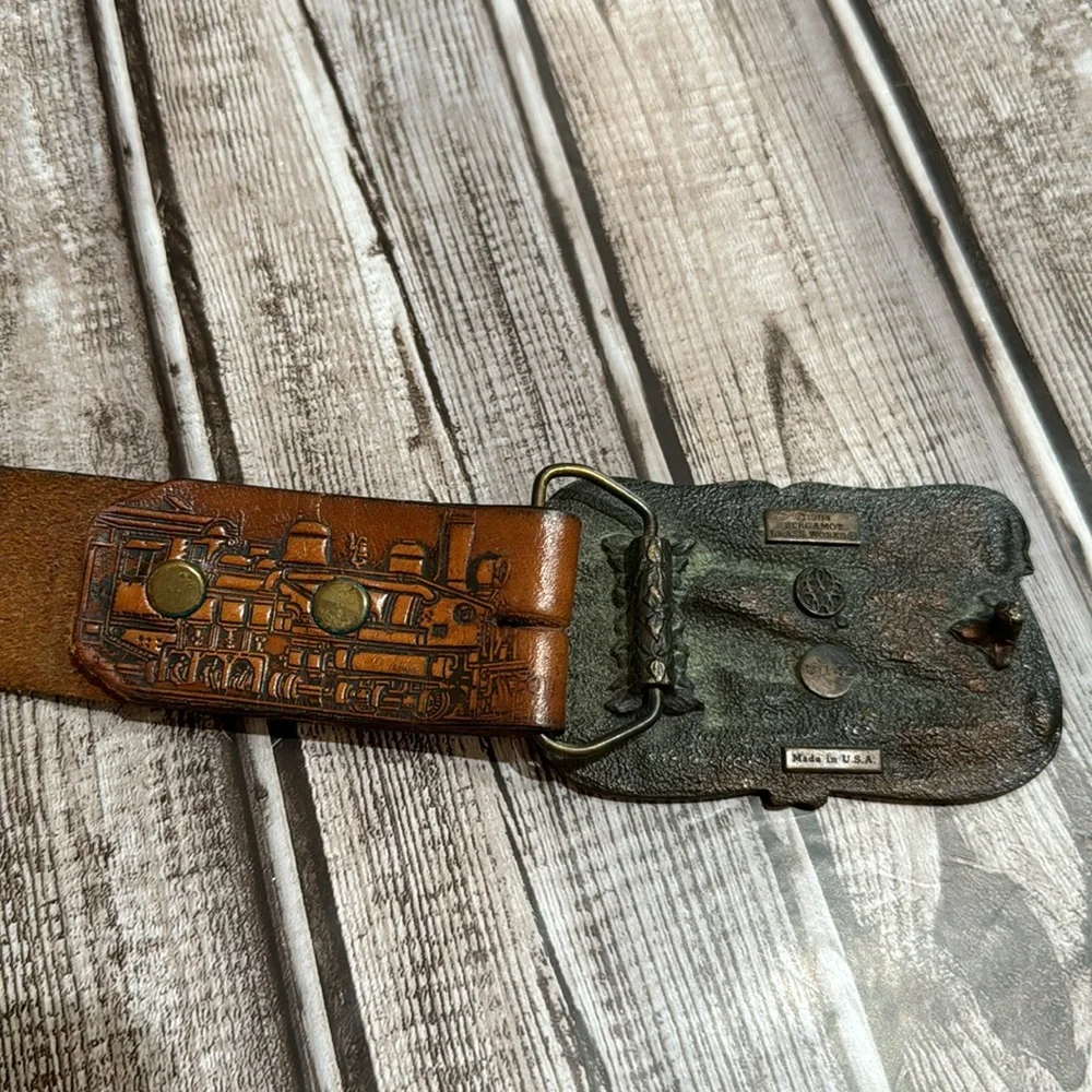 Bergamot Locomotive Vtg Brass Buckle Railfan Leather Tooled Belt 38-42 Unisex